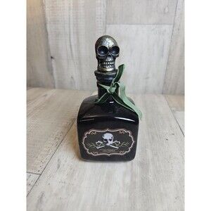 Halloween Black Bottle “Powdered Bones” • Skull Stopper Apothecary Jar • Gothic